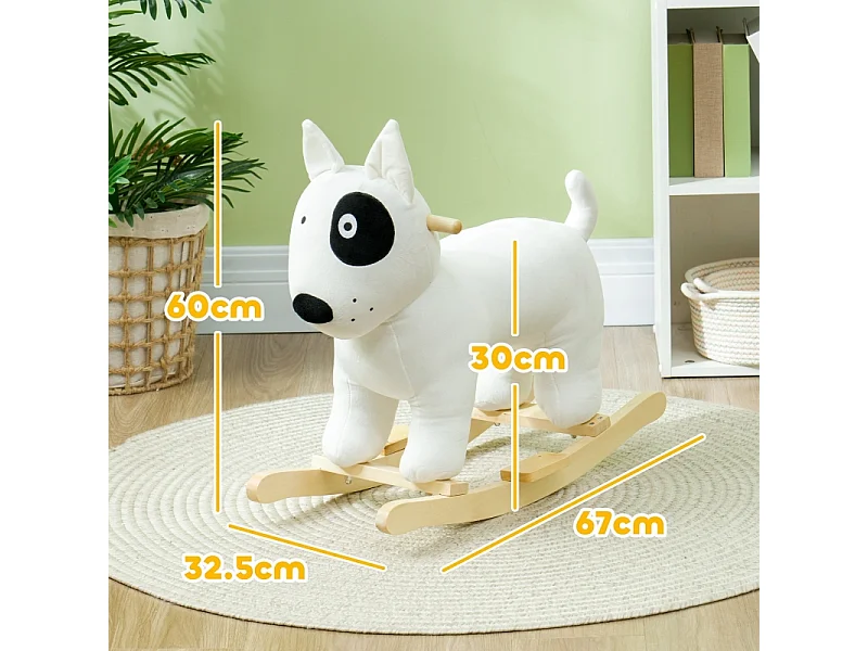 Schommelpaard in de vorm van een hond met geluidsfunctie, gemaakt van hout en metaal, met pluche bekleding, wit (67x32,5x60cm)