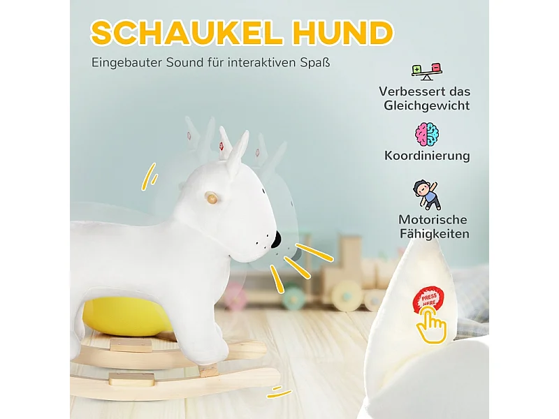 Schommelpaard in de vorm van een hond met geluidsfunctie, gemaakt van hout en metaal, met pluche bekleding, wit (67x32,5x60cm)
