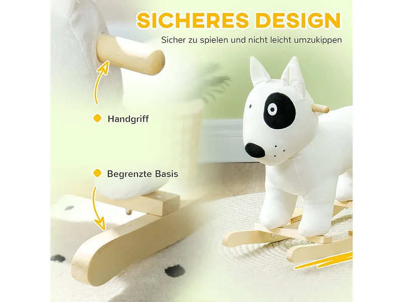 Schommelpaard in de vorm van een hond met geluidsfunctie, gemaakt van hout en metaal, met pluche bekleding, wit (67x32,5x60cm)