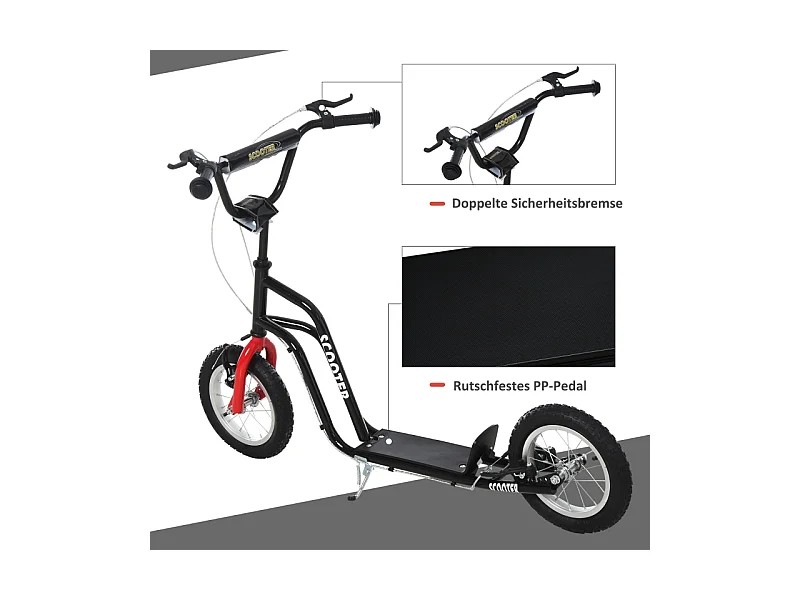 Trottinette enfant réglable, freins avant et arrière, acier, noir, pneus gonflables 12 pouces (120x58x75-80cm)