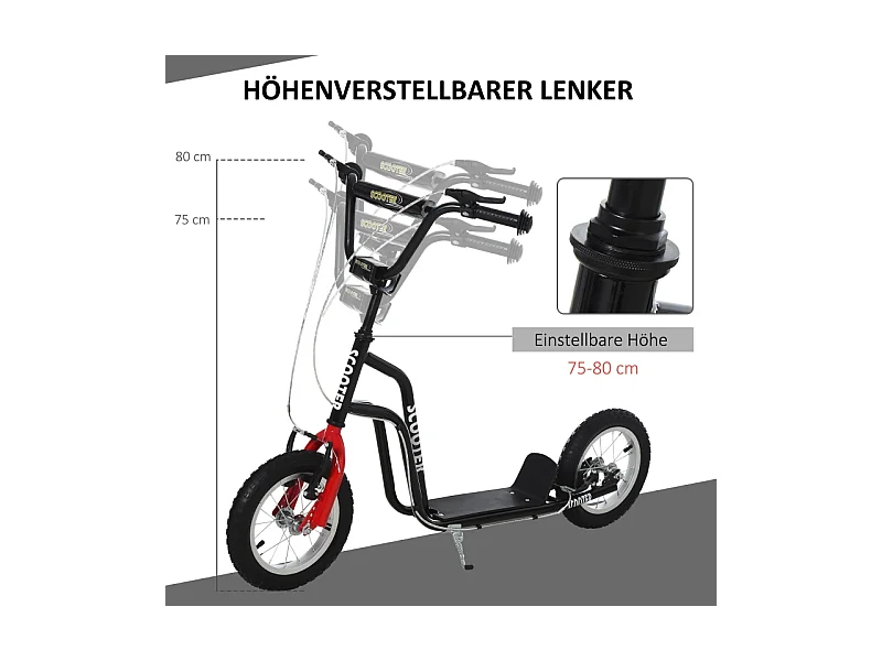 Trottinette enfant réglable, freins avant et arrière, acier, noir, pneus gonflables 12 pouces (120x58x75-80cm)