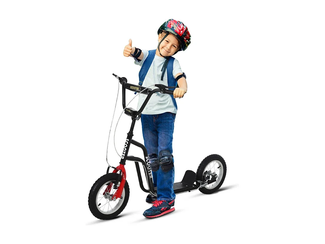 Trottinette enfant réglable, freins avant et arrière, acier, noir, pneus gonflables 12 pouces (120x58x75-80cm)