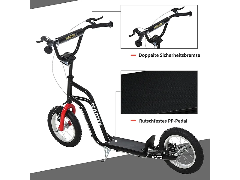 Trottinette enfant réglable, freins avant et arrière, acier, noir, pneus gonflables 12 pouces (120x58x75-80cm)