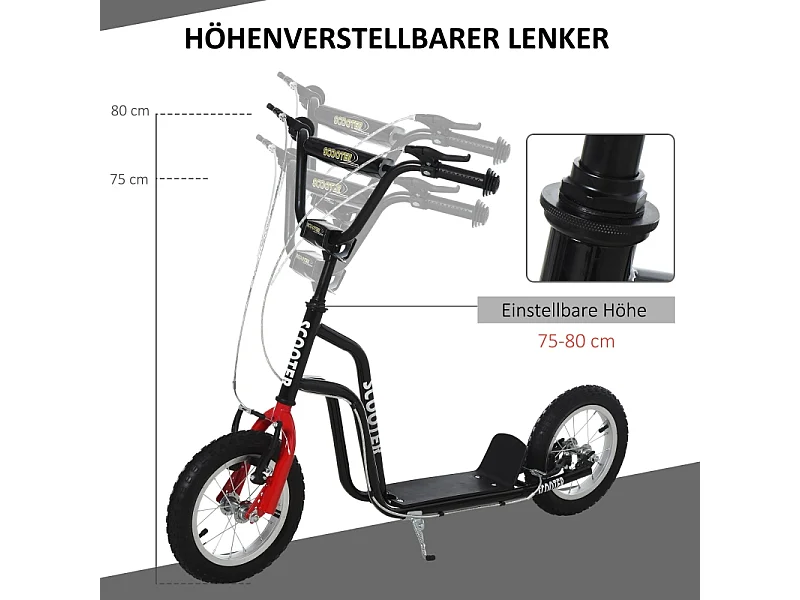 Trottinette enfant réglable, freins avant et arrière, acier, noir, pneus gonflables 12 pouces (120x58x75-80cm)