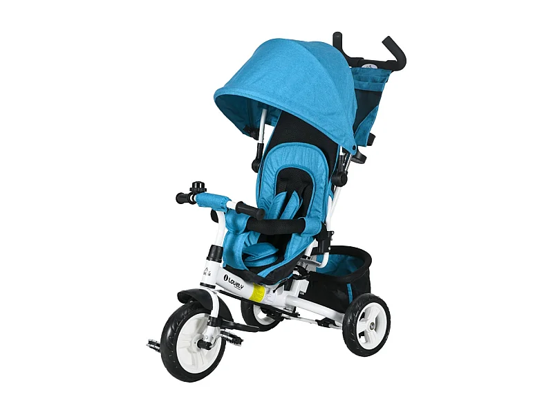 6-in-1 driewieler met kinderzitje, gevoerde zitting, 5-puntsgordel en mandje, polyester, lichtblauw (102x49x102cm)