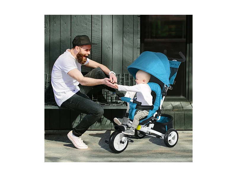 Tricycle évolutif 6-en-1 avec canne parentale, siège rembourré, harnais 5 points et panier, polyester, bleu clair (102x49x102cm)