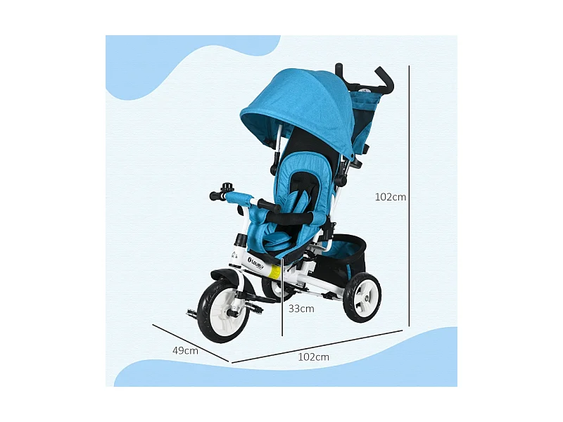 Tricycle évolutif 6-en-1 avec canne parentale, siège rembourré, harnais 5 points et panier, polyester, bleu clair (102x49x102cm)