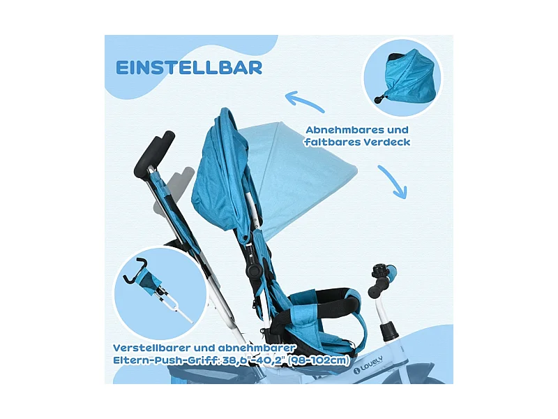 Tricycle évolutif 6-en-1 avec canne parentale, siège rembourré, harnais 5 points et panier, polyester, bleu clair (102x49x102cm)