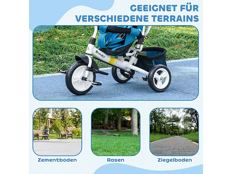 Tricycle évolutif 6-en-1 avec canne parentale, siège rembourré, harnais 5 points et panier, polyester, bleu clair (102x49x102cm)