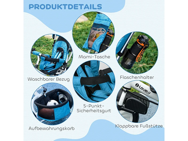 Tricycle évolutif 6-en-1 avec canne parentale, siège rembourré, harnais 5 points et panier, polyester, bleu clair (102x49x102cm)