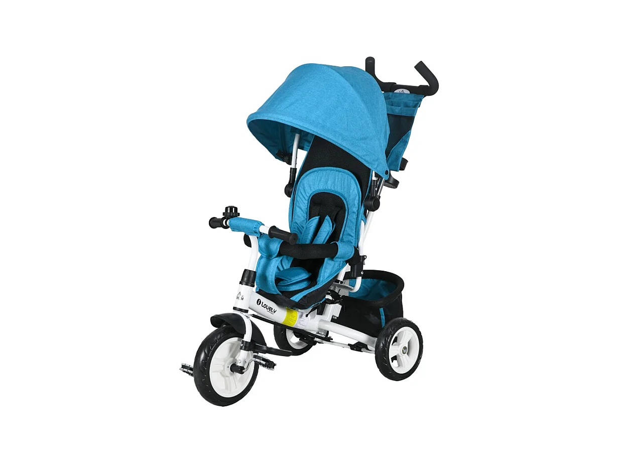 6-in-1 driewieler met kinderzitje, gevoerde zitting, 5-puntsgordel en mandje, polyester, lichtblauw (102x49x102cm)