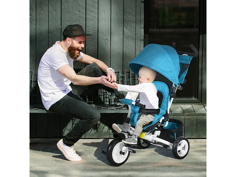 Tricycle évolutif 6-en-1 avec canne parentale, siège rembourré, harnais 5 points et panier, polyester, bleu clair (102x49x102cm)