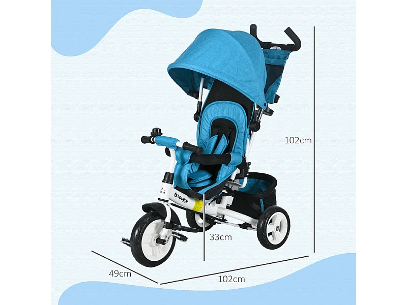 Tricycle évolutif 6-en-1 avec canne parentale, siège rembourré, harnais 5 points et panier, polyester, bleu clair (102x49x102cm)