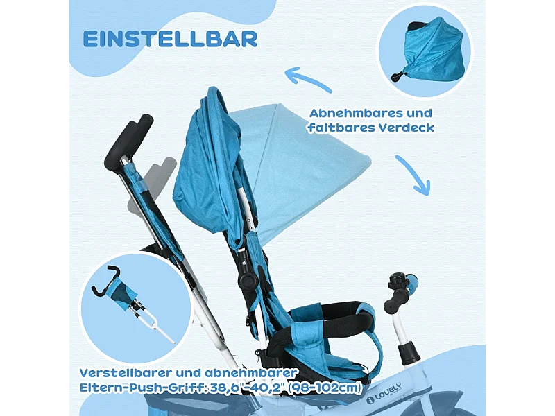 Tricycle évolutif 6-en-1 avec canne parentale, siège rembourré, harnais 5 points et panier, polyester, bleu clair (102x49x102cm)