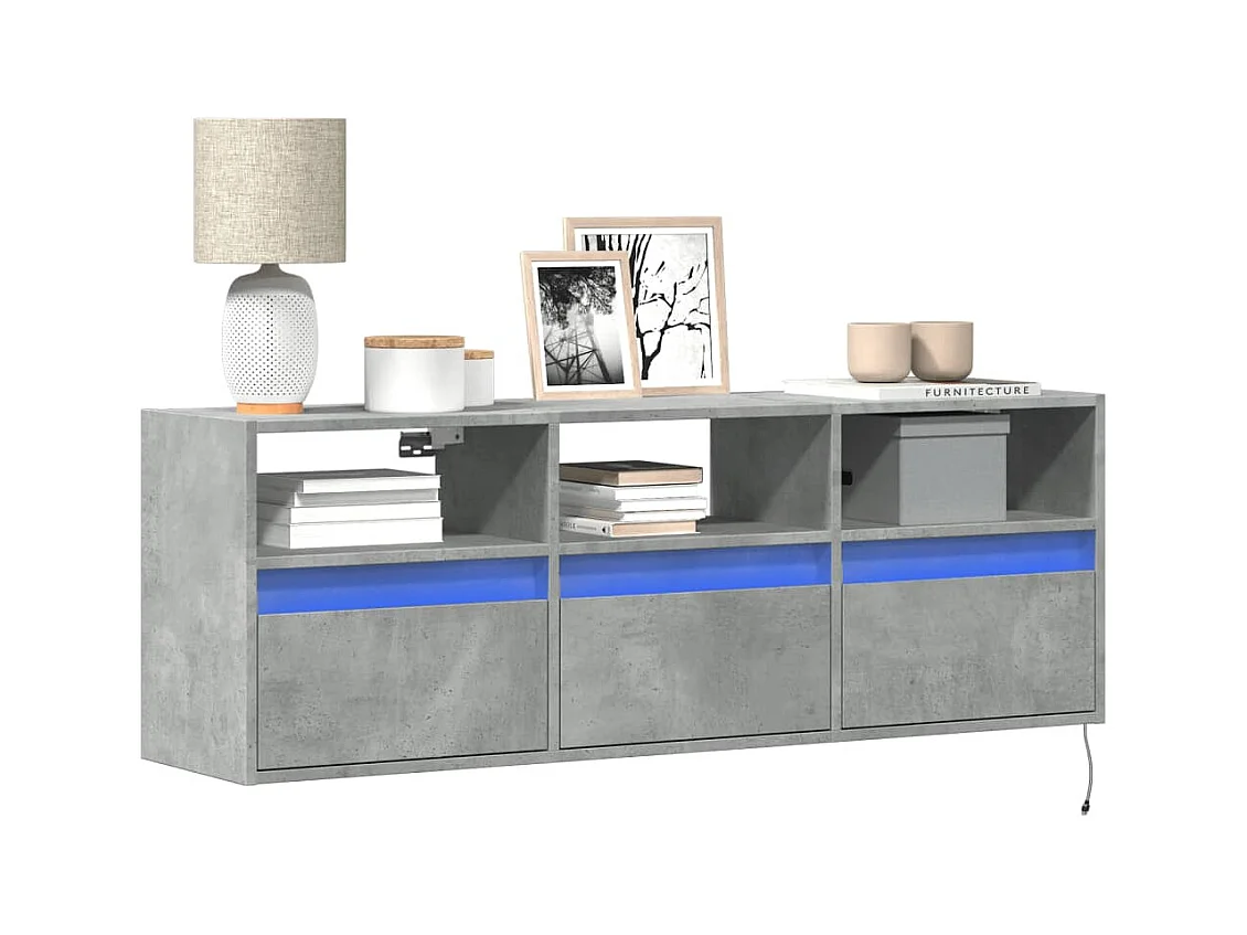 Mobile porta TV a parete con luci LED, grigio cemento, 130x31x45 cm