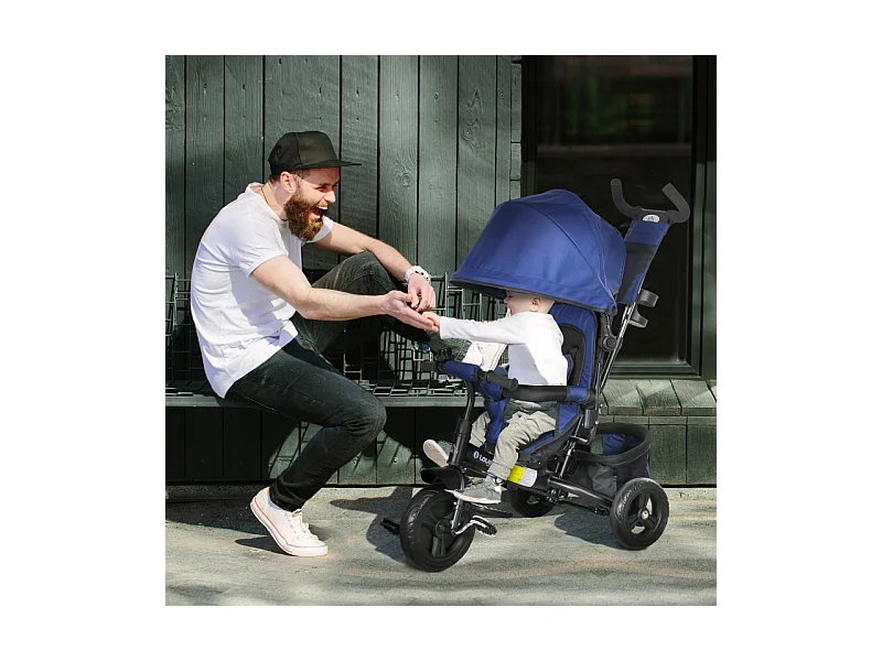 Tricycle évolutif 6-en-1 avec canne parentale, siège rembourré, harnais 5 points et panier, polyester, bleu foncé (102x49x102cm)