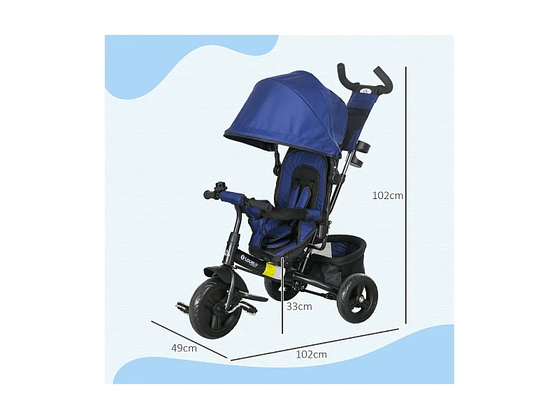 Tricycle évolutif 6-en-1 avec canne parentale, siège rembourré, harnais 5 points et panier, polyester, bleu foncé (102x49x102cm)