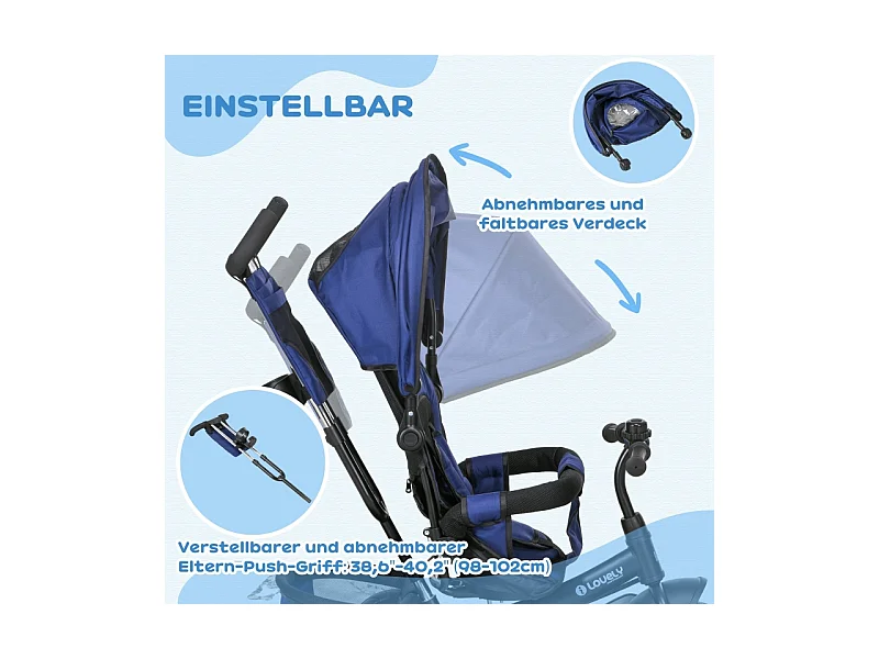 Tricycle évolutif 6-en-1 avec canne parentale, siège rembourré, harnais 5 points et panier, polyester, bleu foncé (102x49x102cm)