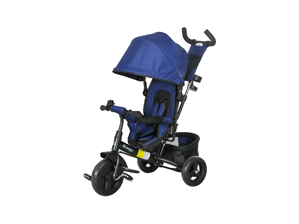 6-in-1 driewieler met kinderzitje, gevoerde zitting, 5-puntsgordel en mandje, polyester, donkerblauw (102x49x102cm)