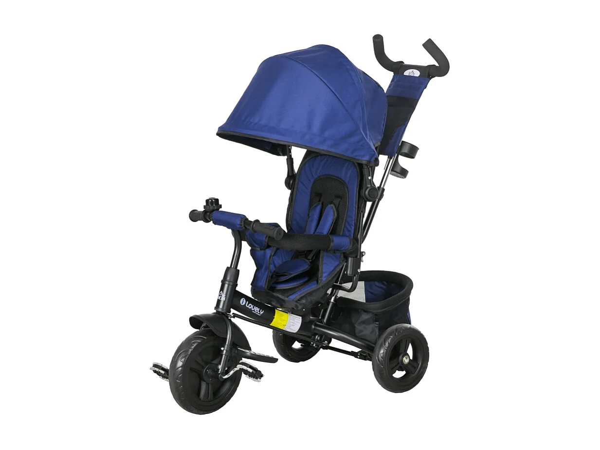 Tricycle évolutif 6-en-1 avec canne parentale, siège rembourré, harnais 5 points et panier, polyester, bleu foncé (102x49x102cm)