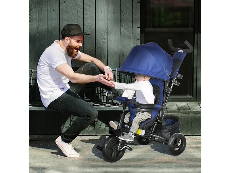Tricycle évolutif 6-en-1 avec canne parentale, siège rembourré, harnais 5 points et panier, polyester, bleu foncé (102x49x102cm)