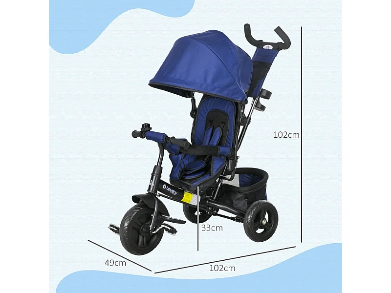 Tricycle évolutif 6-en-1 avec canne parentale, siège rembourré, harnais 5 points et panier, polyester, bleu foncé (102x49x102cm)