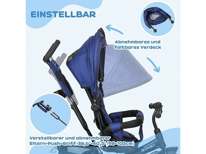 Tricycle évolutif 6-en-1 avec canne parentale, siège rembourré, harnais 5 points et panier, polyester, bleu foncé (102x49x102cm)