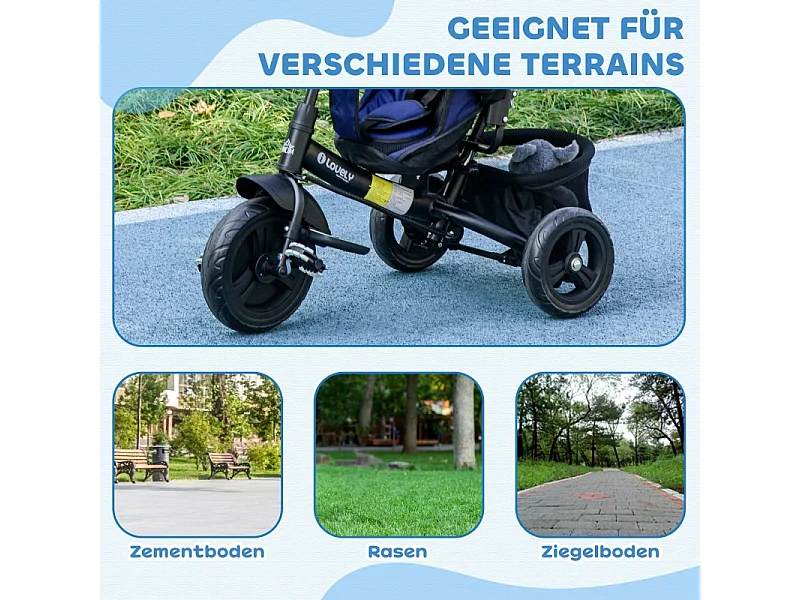 Tricycle évolutif 6-en-1 avec canne parentale, siège rembourré, harnais 5 points et panier, polyester, bleu foncé (102x49x102cm)