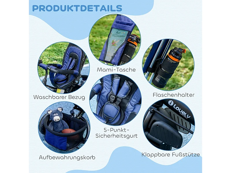 Tricycle évolutif 6-en-1 avec canne parentale, siège rembourré, harnais 5 points et panier, polyester, bleu foncé (102x49x102cm)