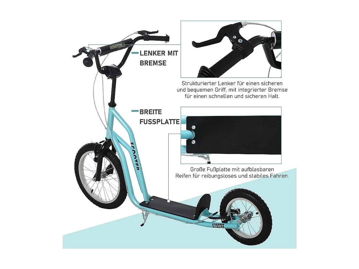 Trottinette enfant réglable avec roues gonflables, acier, bleu (135x58x88-94cm)