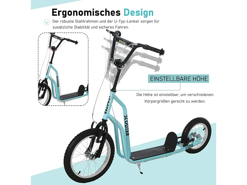 Trottinette enfant réglable avec roues gonflables, acier, bleu (135x58x88-94cm)