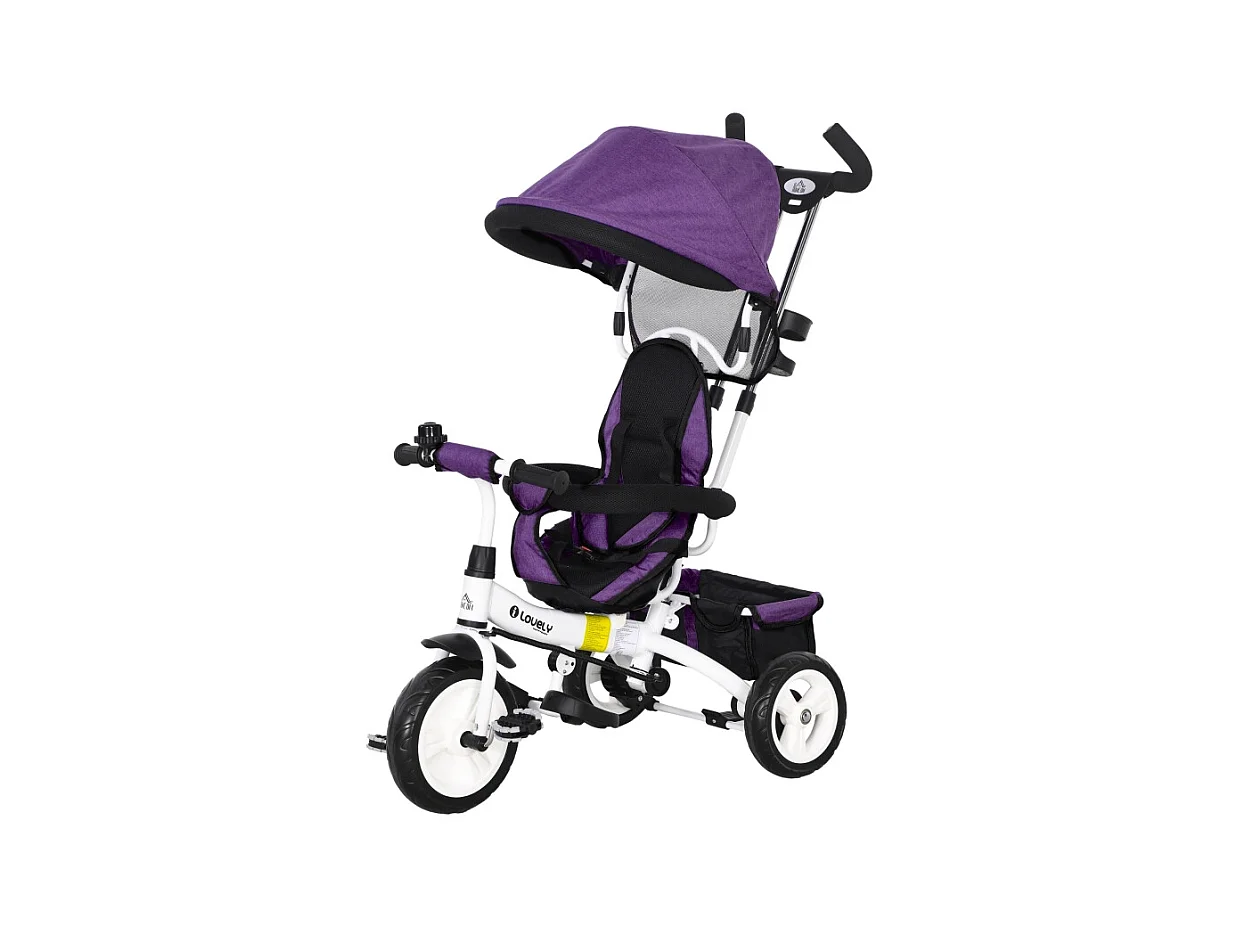 Tricycle évolutif 6-en-1 avec canne poussoir, siège réglable, harnais 5 points, panier et porte-gobelet, plastique, violet (95x50x106 cm)