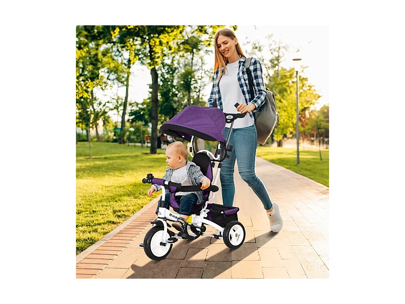 Tricycle évolutif 6-en-1 avec canne poussoir, siège réglable, harnais 5 points, panier et porte-gobelet, plastique, violet (95x50x106 cm)