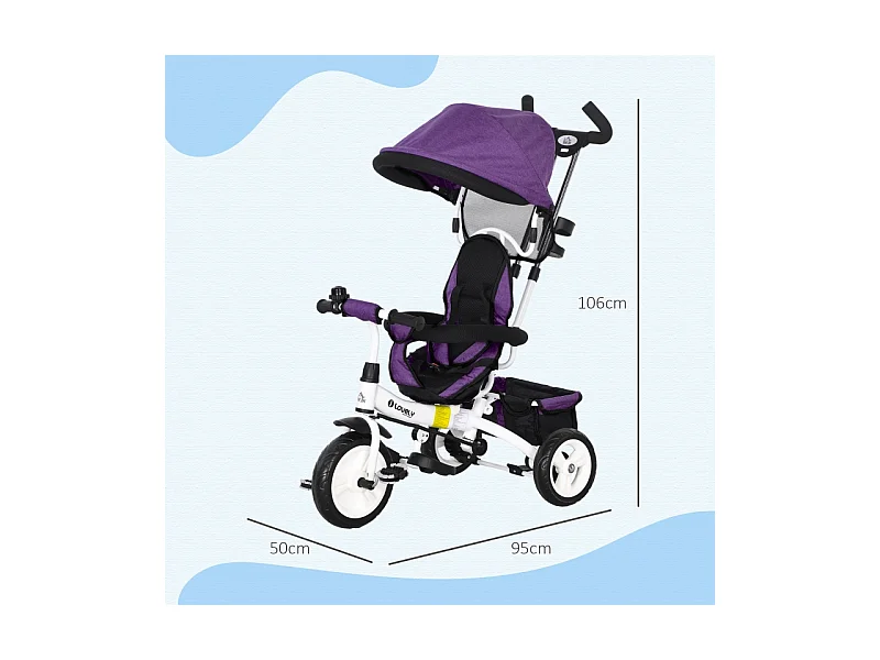 Tricycle évolutif 6-en-1 avec canne poussoir, siège réglable, harnais 5 points, panier et porte-gobelet, plastique, violet (95x50x106 cm)