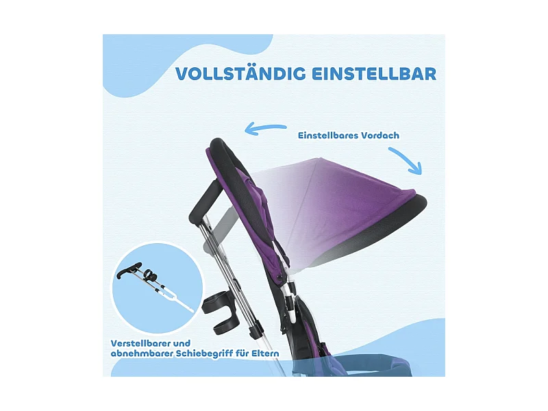 Tricycle évolutif 6-en-1 avec canne poussoir, siège réglable, harnais 5 points, panier et porte-gobelet, plastique, violet (95x50x106 cm)