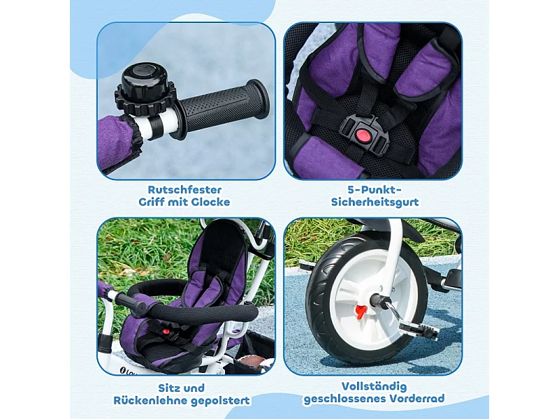 Tricycle évolutif 6-en-1 avec canne poussoir, siège réglable, harnais 5 points, panier et porte-gobelet, plastique, violet (95x50x106 cm)