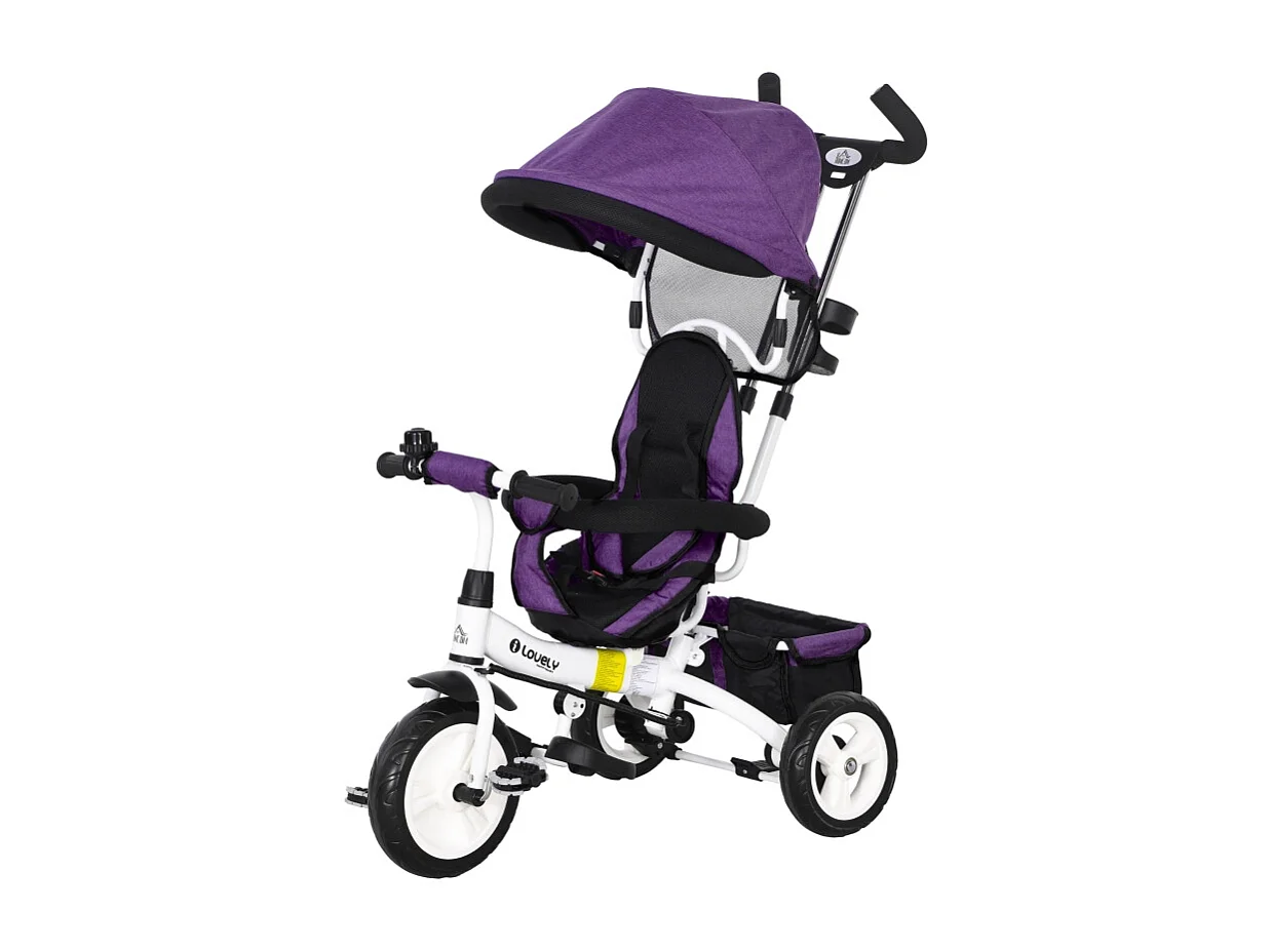 Tricycle évolutif 6-en-1 avec canne poussoir, siège réglable, harnais 5 points, panier et porte-gobelet, plastique, violet (95x50x106 cm)