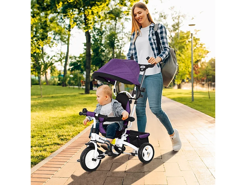 Tricycle évolutif 6-en-1 avec canne poussoir, siège réglable, harnais 5 points, panier et porte-gobelet, plastique, violet (95x50x106 cm)
