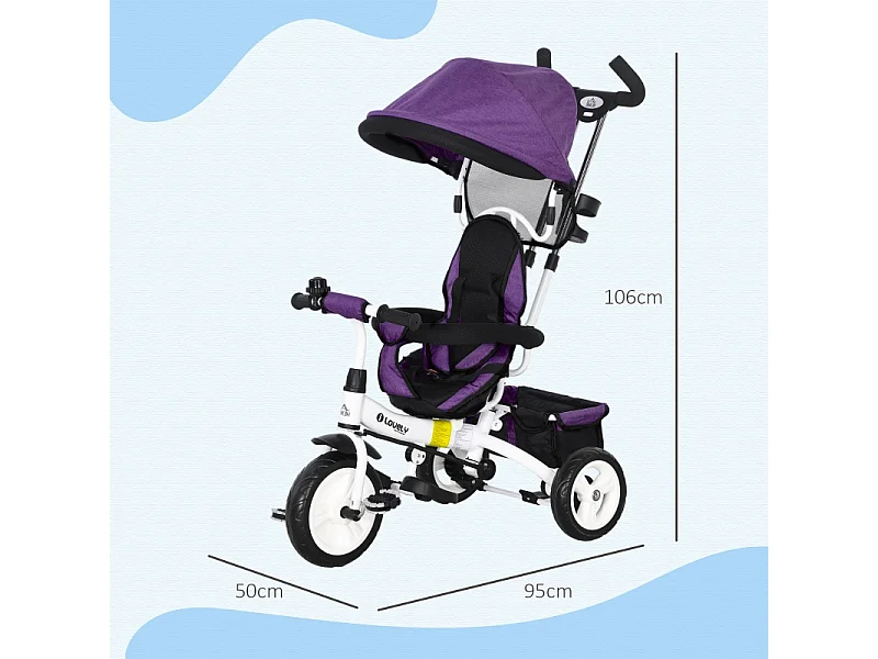Tricycle évolutif 6-en-1 avec canne poussoir, siège réglable, harnais 5 points, panier et porte-gobelet, plastique, violet (95x50x106 cm)