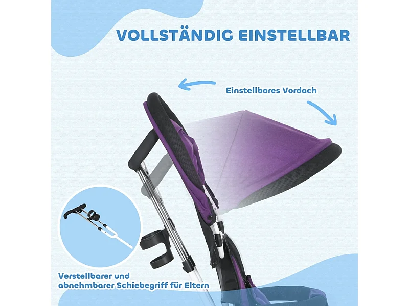 Tricycle évolutif 6-en-1 avec canne poussoir, siège réglable, harnais 5 points, panier et porte-gobelet, plastique, violet (95x50x106 cm)