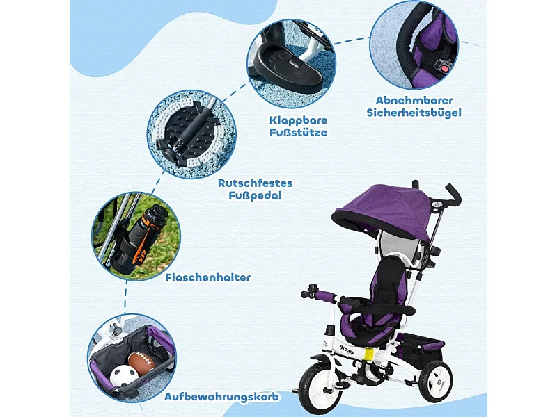 Tricycle évolutif 6-en-1 avec canne poussoir, siège réglable, harnais 5 points, panier et porte-gobelet, plastique, violet (95x50x106 cm)