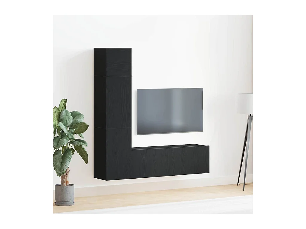 Ensemble TV mural 3 pièces en bois d'ingénierie noir chêne de