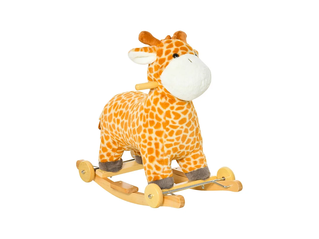 Cheval à bascule 2-en-1 girafe avec effets sonores, roues et poignées, peluche, pour enfants 3-6 ans, métal, jaune (63x38x63cm)