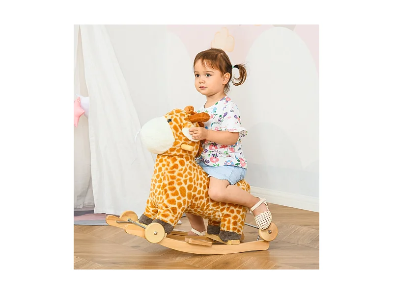 Cheval à bascule 2-en-1 girafe avec effets sonores, roues et poignées, peluche, pour enfants 3-6 ans, métal, jaune (63x38x63cm)