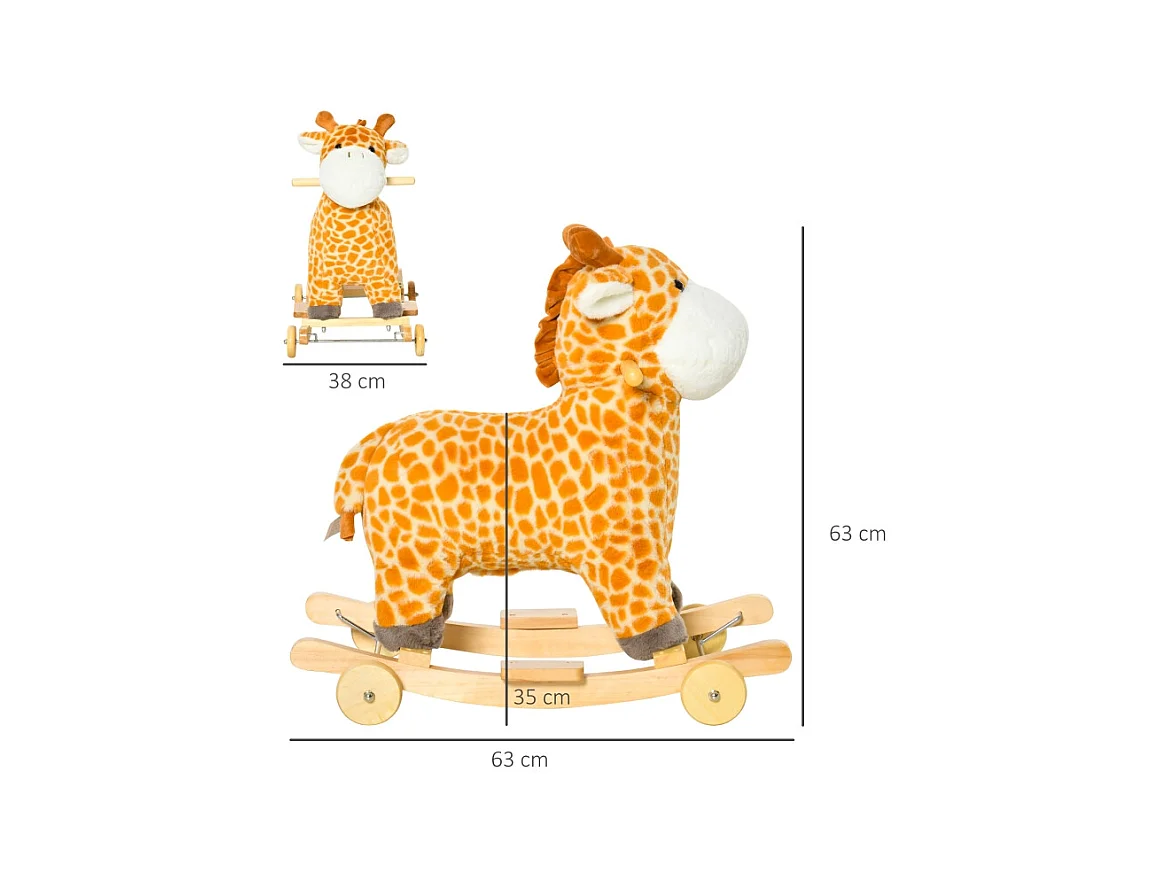 Cheval à bascule 2-en-1 girafe avec effets sonores, roues et poignées, peluche, pour enfants 3-6 ans, métal, jaune (63x38x63cm)