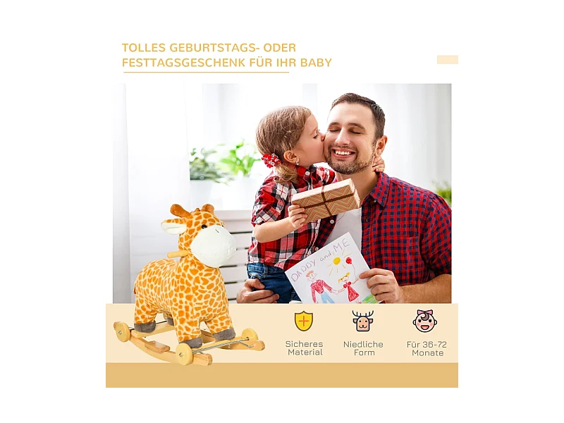 Cheval à bascule 2-en-1 girafe avec effets sonores, roues et poignées, peluche, pour enfants 3-6 ans, métal, jaune (63x38x63cm)