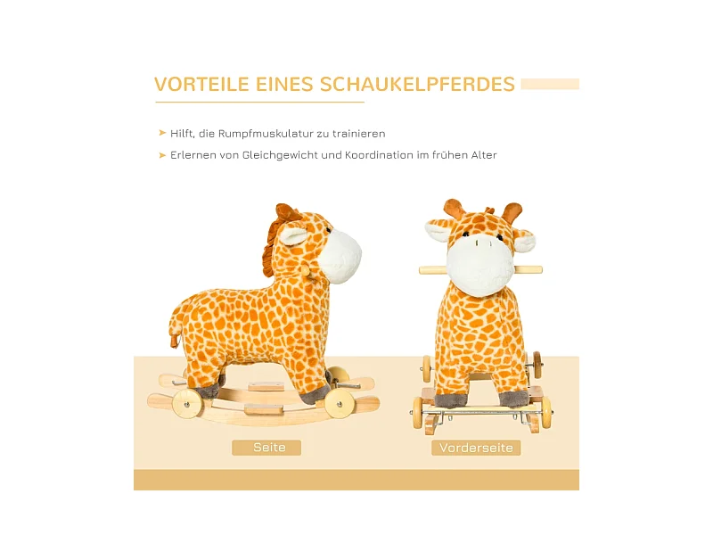 Cheval à bascule 2-en-1 girafe avec effets sonores, roues et poignées, peluche, pour enfants 3-6 ans, métal, jaune (63x38x63cm)
