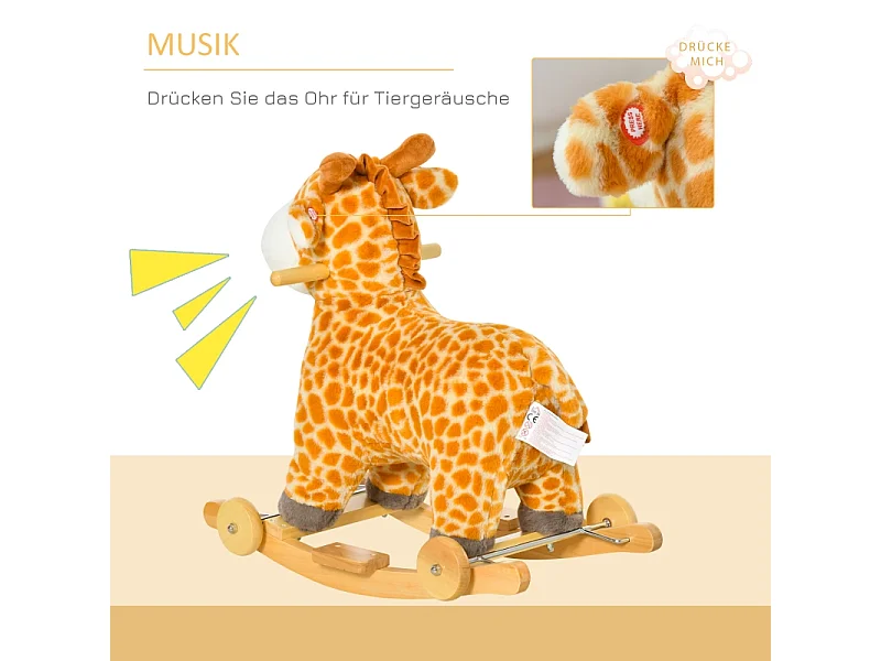 Cheval à bascule 2-en-1 girafe avec effets sonores, roues et poignées, peluche, pour enfants 3-6 ans, métal, jaune (63x38x63cm)