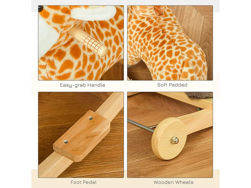 Cheval à bascule 2-en-1 girafe avec effets sonores, roues et poignées, peluche, pour enfants 3-6 ans, métal, jaune (63x38x63cm)