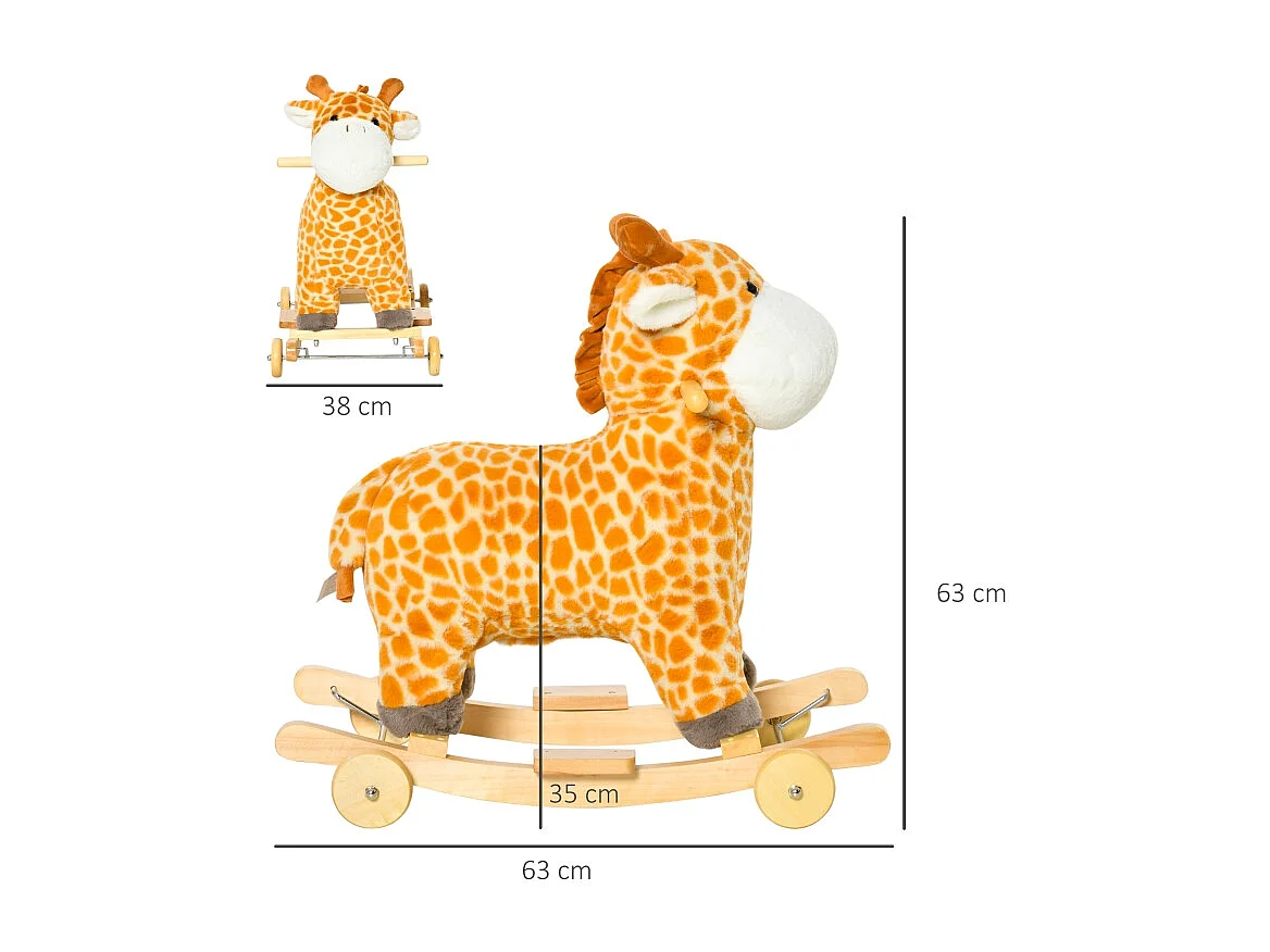 Cheval à bascule 2-en-1 girafe avec effets sonores, roues et poignées, peluche, pour enfants 3-6 ans, métal, jaune (63x38x63cm)